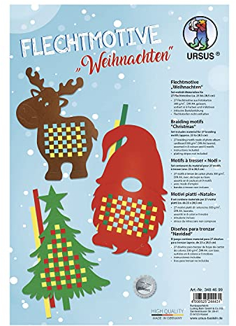Ursus 3484699 - Flechtmotive Weihnachten, Bastel-Set mit 27 bunten Vorlagen für Flechtbilder sortiert in 9 Motiven und 8 Farben, DIN A4
