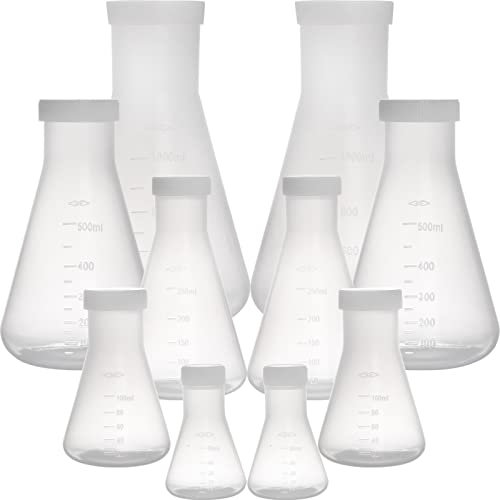 Peohud Set of 10 Plastic Scientific Erlenmeyer Flasks, Narrow Mouth Erlenmeyer Flask with Screw Caps, Lab Erlenmeyer Flask with Molded Graduations(50ml, 100ml, 250ml, 500ml, 1L)