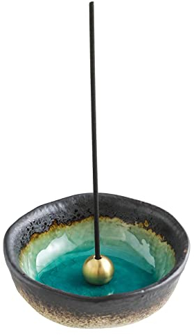 Asayu Japan - Quemador de Incienso, Hecho en Japón para Varillas, Porta Incienso de cerámica con Soporte metálico para Varillas (Aguamarina Natural, 8.3cm)