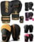 EVO Fitness Matte Black Boxing Gloves and Pads Set Punching Focus Mitts Hook and Jab Hand Target Strike Shield Training Sparring MMA Martial Arts Muay Thai Kickboxing Karate Men Women (12 OZ, Golden)