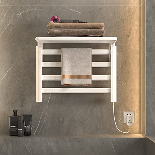 SKYLYZH Portasciugamani Elettrico, Scaldasalviette, Termoarredo Elettrico, 550x400mm, Temperatura Costante 55°, con Ripiano, Riscaldamento in Fibra di Carbonio, Antracite, Anti Ustione-White Right