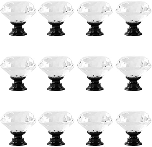 ANJUU 12 Pcs 30mm Diamond Shape Crystal Glass Cabinet Knobs with Screws Drawer Knob Pull Handle Used for Kitchen, Dresser, Door, Cupboard (Black B Clear)