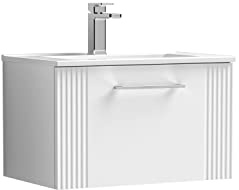 nuie DPF194B Deco Modern Bathroom Wall Hung 1 Drawer Part Fluted Vanity Basin Unit with Minimalist Ceramic Basin, 600mm, Satin White