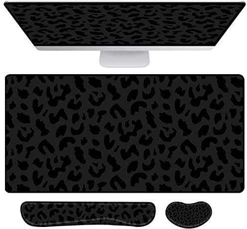 Deokke Großes Gaming-Mauspad, Tastatur-Handgelenkauflage, Maus-Handgelenkstützen-Set, erweitertes Laptop-Gaming-Mauspad, Memory-Schaum, rutschfeste Unterseite, 31.5x15.7 cm, schwarzer Leopard Muster
