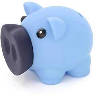 Hucha Cerdito con Suave Cuerpo de Acabado Goma en Vivos Colores. Huchas Originales Pequeña Infantiles con Tapón. Hucha Viaje Ligera y Resistente. (Azul)