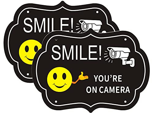 Adfitjo Smile Your on Camera Signs, Video Surveillance Signs Outdoor, 10x7 Inch Rust Free Aluminum Metal Sign, Fade Resistance, UV Protected, Indoor/Outdoor Use for Home, Business (2 pack)