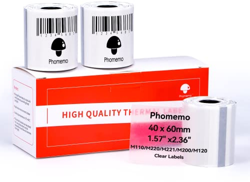 Phomemo M110/M220/M221/M200/M120/M100/M108/M150/M250/M260 Rechteckige Transparente Selbstklebeetiketten für Phomemo Etikettendrucker 1.57 x 2.36 (40x60 mm)