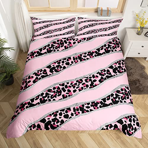 Homewish Pink Leopard Bedding Set King Kids Cheetah Print Comforter Cover Cute Pastel Bed Set Glitter Sequins Duvet Cover With Zipper Closure Animal Themed Quilt Cover Soft Cozy Breathable