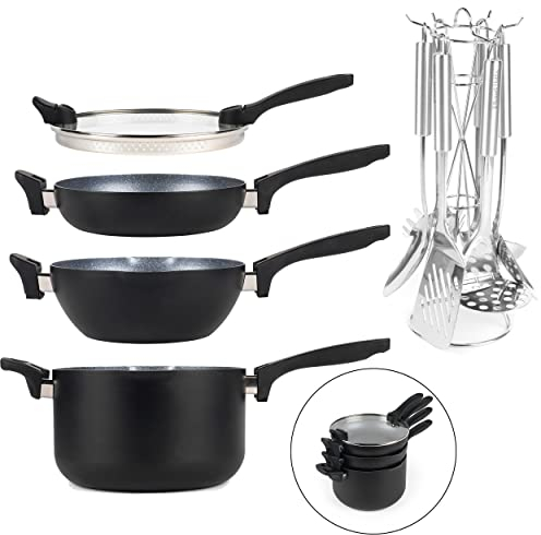 Russell Hobbs COMBO-8631 4-Piece Stackable Pans and 6-Piece Stainless Steel Utensil Set with Stand, Mirror Finish Kitchen Helpers, Easy Clean Non-Stick Pan Set, Induction Hob Suitable, Space-Saving