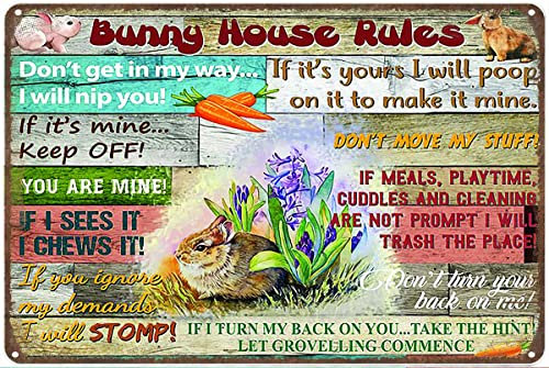 Bunny House Rules Don't Get in My Way I Will Nip You If It's Mine Keep Off You Are Mine Stomp Vintage Metall-Blechschilder für Straße, Garage, Wand, Badezimmer, Dekoration, Metall-Blechschild, 15,2 x