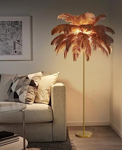 MADHEHAO Upgrade Straußenfeder-Stehlampe, Moderne Stehlampe in 3 Farben dimmbar mit Fußschalter, Fransenlampe, goldene Feder-Stehlampe, Lampenkörper aus 100% Kupfer, Stehlampe für Esszimmer (Brown)