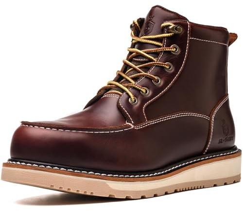 SL-Saint Waterproof Soft Moc Toe Handmade Classic Fashion Work Boots for Men,Goodyear-welted Industrial&Construction Hiking Wedge 6'' Black/Brown (Brown, 6)