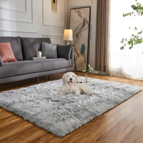 Evitany Hochflor Teppich Wohnzimmer,Ultra Flauschiger Waschbarerr Teppich Schlafzimmer,Soft rutschfeste Carpet für Kinderzimmer(Hellgrau, 120x160 cm)