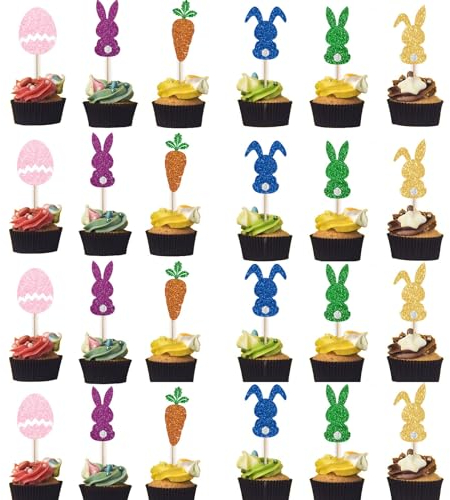 ALEGRE Ostern Cupcake Topper Hasen Deko,24 Stück Glitzer Kuchen Deko Ostern,Möhren Tortendeko Ostern Party Deko,Osterei Tortenaufleger für Ostern Kinder Geburtstag Party