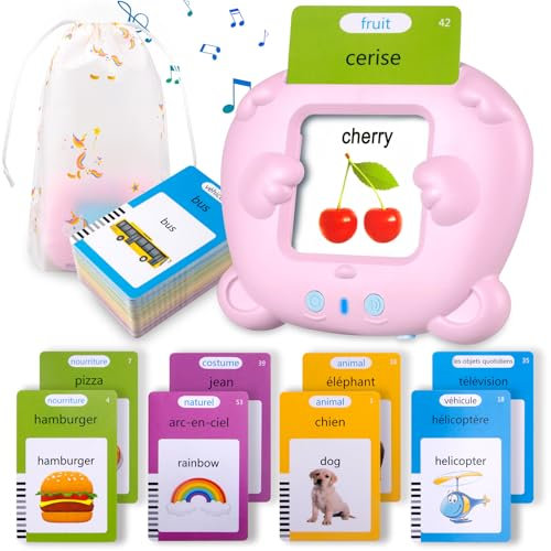 Sunity Cartes Flash parlantes français Anglais pour Enfants, Mot ami Jeux français de 2 à 6 Ans, Jeux educatif 2 Ans, Jouets préscolaires pour écouter et Apprendre Rose(avec Mode Musique)