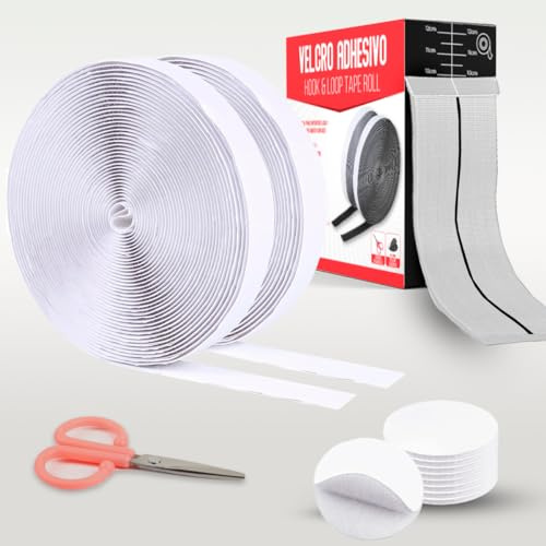 GLINDIHOME Cinta Hook & Loop Tape con Belcro Adhesivo Fuerte. Incluye: 1 Rollo, 6 Redondas 30mm y Tijeras Plegables. Doble Cara. (30mm x 5m, Blanco)