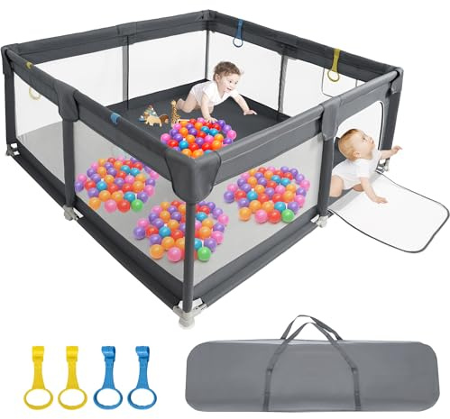 OUUTMEE Laufstall Großer Babyzaun,Laufstall mit rutschfester Basis, Grauschwarz 150x150cm