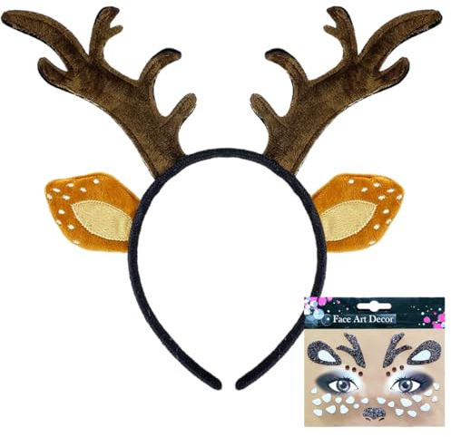 FUKPO Rentier Haarreif + Rentier-Gesichtsaufkleber, Reh Ohren Haarreifen Kostüm Damen Mädchen Kinder Erwachsene Geweih Haarreif, Kopfschmuck Karneval Mottoparty Fasching Cosplay Halloween Weihnachten