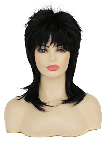 Siudus Schwarz Vokuhila Perücken für Frauen 80er Jahre Schulter Länge Perücke Mullet 70er Jahre Synthetische Faser Haar Perücke mit Bangs für Cosplay Disco Rocker Verwenden
