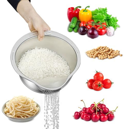 YLARMY Rice Strainer and Colander Bowl With Side Drainer,Metal Rice Washer 18/8 Stainless Steel Rinser Washing Bowl For Quinoa, Fruits,Vegetables, lentils,Beans,Grain,Kitchen Food Strainer Basket