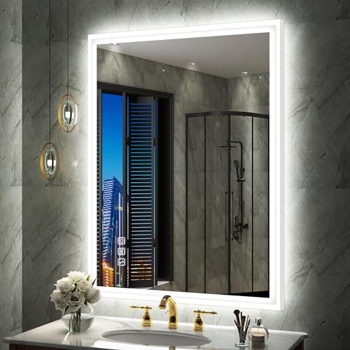 S'bagno 60x80cm Rechteckiger-Badspiegel-mit-Beleuchtung, Badezimmerspiegel mit Beleuchtung mit Weißer Aluminiumrahmen, Bluetooth Led Badspiegel mit Beschlagfrei/ 3 Lichtfarben/Dimmbar/Memory