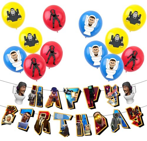 Skibidi Toilet Birthday Decorations Toilet Party Pack,1pcs Happy Birthday Figure Cameraman Titan Speakerman Woofer Man Banner and 12pcs 12inch Balloons for Kids Game Party Decorations