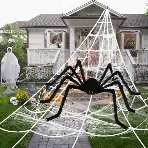 Halloween Dekoration, 500CM Spinnennetz Halloween Dekoration, 150CM Riesen Halloween Spinne, 20Mini Spinne und Elastizität Spinnennetz für Halloween Deko Outdoor Garten Party Partyfotoautomat Zubehör