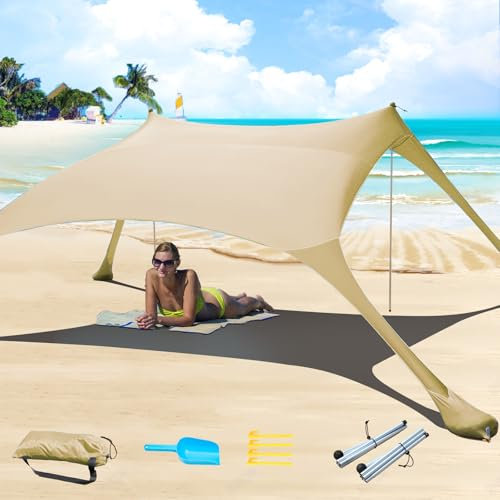 Cuupo Strandzelt, Pop-Up, 2x2.1 m, LSF 50, Lycra, Sonnenschutz, für den Außenbereich, Anti-Wind, Sonnenschutz mit Stabilitätsstangen, Hinterhof mit Stranddecke Khaki