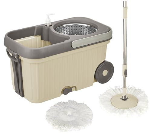 M1SS Spin Mop Bucket with Soap Dispenser – 360° Spinner, Big Wheels, Ribbed Floor Mop Bucket removable wringer, Drain Spout Includes 2 Microfiber Heads Refills Mop cleaning set, for Cleaning Floors