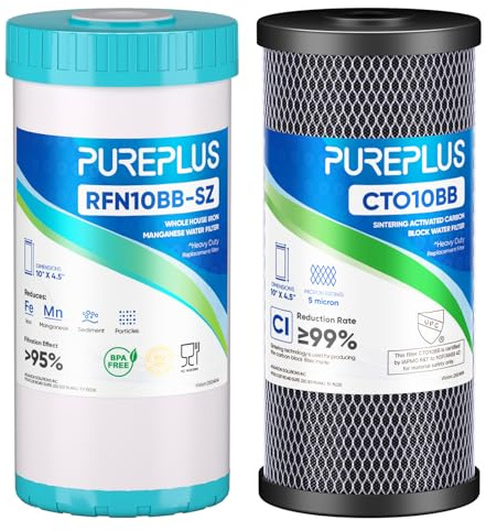 PUREPLUS 10x4.5 Whole House Water Filter Kit, Carbon Block & Iron Reduce | 5 Micron, Removes Iron, Chlorine, Odors, Sediment, Replacement for WFHDC8001, CB-BB-10, GE FXHTC, GXWH40L, GXWH35F, 1PACK