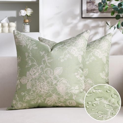 Aisybaklyn Kissenbezüge Salbeigrün Geblümt Zierkissenbezüge Outdoor Wasserdichter Kissenbezug Wasserfest Dekorative Kissenbezüge Leinen für Garten Sofa Couch Wohnzimmer Schlafzimmer 2er Set 40X40 cm