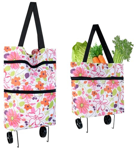 Shopping Trolley, Shopping Trolley with Wheels, Folding Shopping Cart, Trailer Tote 2-in-1 Shopping Bag, Pink Flower Design, Shopping Trolley for Shopping, Travel, Camping