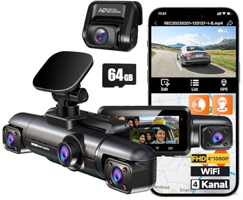HUPEJOS Dashcam Auto 360 Grad, 4 Kanal Dashcam Auto Vorne Hinten Innen, Super Nachtsicht Autokamera, WiFi GPS, 3,18 IPS Display, Parküberwachung, 64GB SD Karte, G-Sensor, WDR, Loop-Aufnahme
