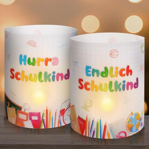 BETESSIN 12x Windlicht Tischdeko Einschulung Junge Mädchen - Endlich Schulkind - Lichthülle für Kerzen & Teelichter - Windlichter Tischdekoration für Schuleinführung, Einschulungsfeier UVM.
