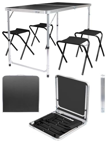 Harbour Housewares 120cm (4ft) Height Adjustable Aluminium Folding Picnic Table with 4 Chairs - Black - 4-Seater Foldable Portable Outdoor Garden Patio Camping BBQ Dining Trestle Furniture
