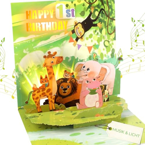 Geburtstagskarte mit Musik für Kinder 1 Jahr, 3D-Tiere 1. Geburtstagskarte mit Musik und Licht, ‘Happy Birthday‘ singende Pop-up-Karte zum 1. Geburtstag, für Einjährige, Jungen und Mädchen