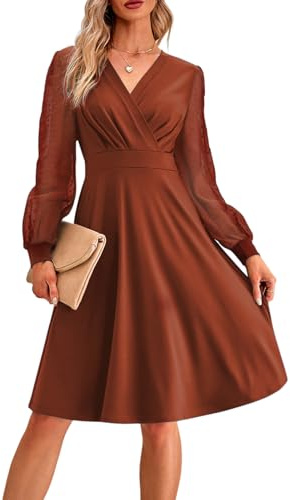 MAYFASEY Women's Long Sleeve Dress V Neck A Line High Waist Midi Dresses | Casual Loose Swing Knee Length Cocktail Dress