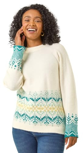 Roman Fairisle Jumper for Women UK Ladies Stretchy Winter Autumn Sweater Casual Knit Knitwear Knitted Pullover Comfy Soft Thick Lightweight Dinner Party Office Work - Ivory - Size 8