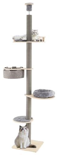 GYMAX Arbre à Chat du Sol au Plafond, Hauteur Réglable de 236-271 cm à 5 Niveaux, avec Griffoir, Perchoir, Plateformes de Sieste et de Saut, Hamac Coussinés, Centre d'Activités Haut pour Intérieur