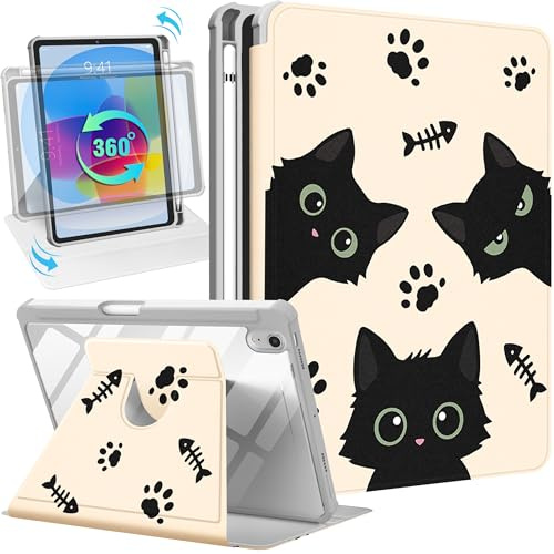 Uppuppy for iPad mini 7 Case (A17 Pro) for iPad mini 6th Generation Case - 360 Rotating Stand Folio Smart Cover with Pencil Holder for Women Girls, Black Cats for Apple Tablet Mini 8.3 inch 2024/2021