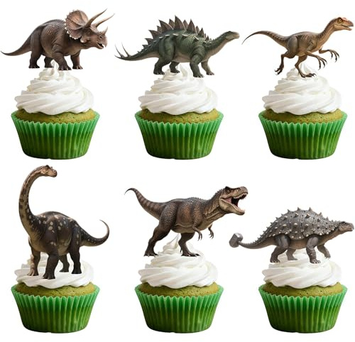 CharmeFleur 24 Pieces Dinosaur Cupcake Toppers Dino Cookie Decorations Party Decor Dinosaur Birthday