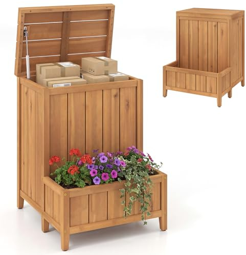 COSTWAY Blumenkasten mit Gartenbox, Auflagenbox mit Deckel, Paketbox mit Pflanzkübel aus Holz, Aufbewahrungsbox für Pakete & Gartengeräte, für Garten & Terrasse, 57 x 52,5 x 70 cm, Natur