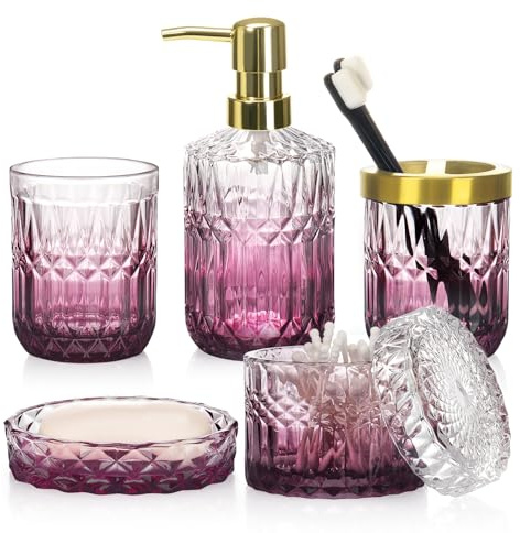 Hebaogugu Badezimmer-Accessoire-Set, Farbverlauf Rot, 5-teilig | Stilvolles Badezimmer décor Set mit Seifenspender, Seifenschale, Zahnputzbecher, Zahnbürstenhalter, Wattestäbchenbehälter