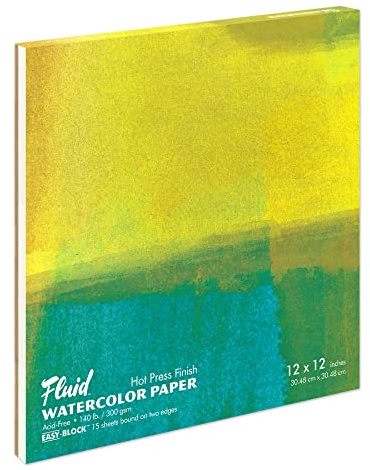 Fluid Watercolor Paper Block, 12 x 12 inches, 15 Sheets, 140 lb (300 GSM) Hot Press Pad for Artist Painting and Wet Media