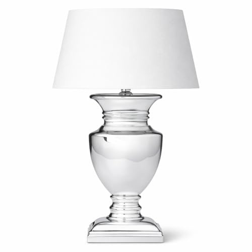 DRULINE Tischlampe mit Weißem Stoffschirm & silbernem Keramikfuß – 59 cm Nachttischlampe mit Kabelschalter – Platzsparende Tischleuchte für Schlafzimmer, Wohnzimmer, Büro – Dekolampe E27, Leselampe