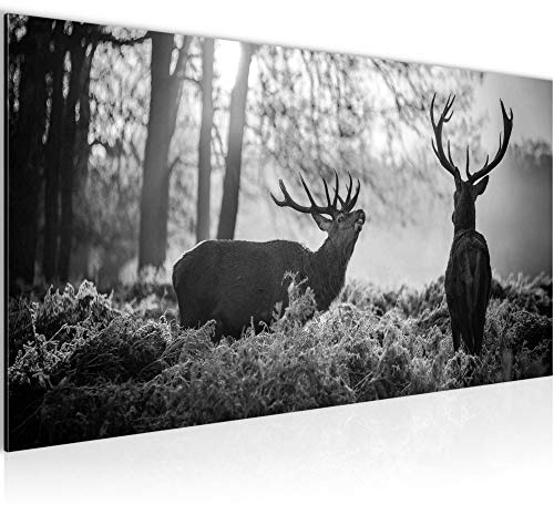 Runa Art Wandbild Winter Hirsch 1 Teilig 100 x 40 cm Modern Bild auf Vlies Leinwand Landschaft Wohnzimmer Schlafzimmer Schwarz Weiss 003812c