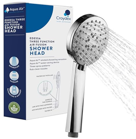 Croydex Edessa Chrome Water Saving Shower Head | Three Spray Patterns | Aqua Air Water Saving | Universal ½” B.S.P. Connection | Rub Clean Nozzles | Efficient Shower Handset
