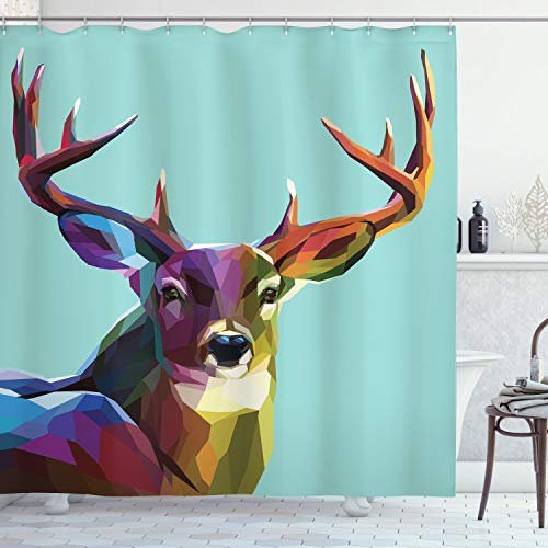 ABAKUHAUS Bunt Duschvorhang, Retro Low Poly Deer, Stoffliches Gewebe Badezimmerdekorationsset mit Haken, 175 x 200 cm, Hellblau Mehrfarbig