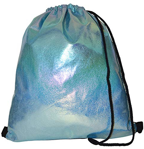 Turnbeutel Glänzend Rucksack Glitter Holographic Beuteltasche mit Kordel Sportbeutel Leder-Optik Gymsack Holografisch Sport Tasche Sack Beutel Hipster (Blau)