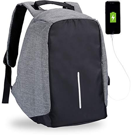 Relaxdays Anti Diebstahl Rucksack, wasserabweisender Sicherheitsrucksack, mit USB-Kabel, Laptop, Damen & Herren, grau